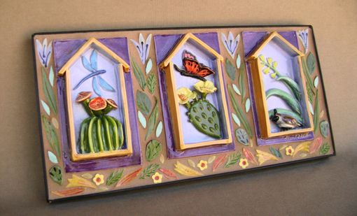 Custom Made Mosaic Ceramic Trio With Cactus And Pretty Flying Things Wall Hanging