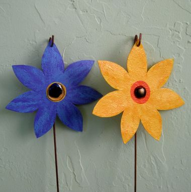 Custom Made Handmade Upcycled Metal Flower Garden Stakes In A Set Of Two