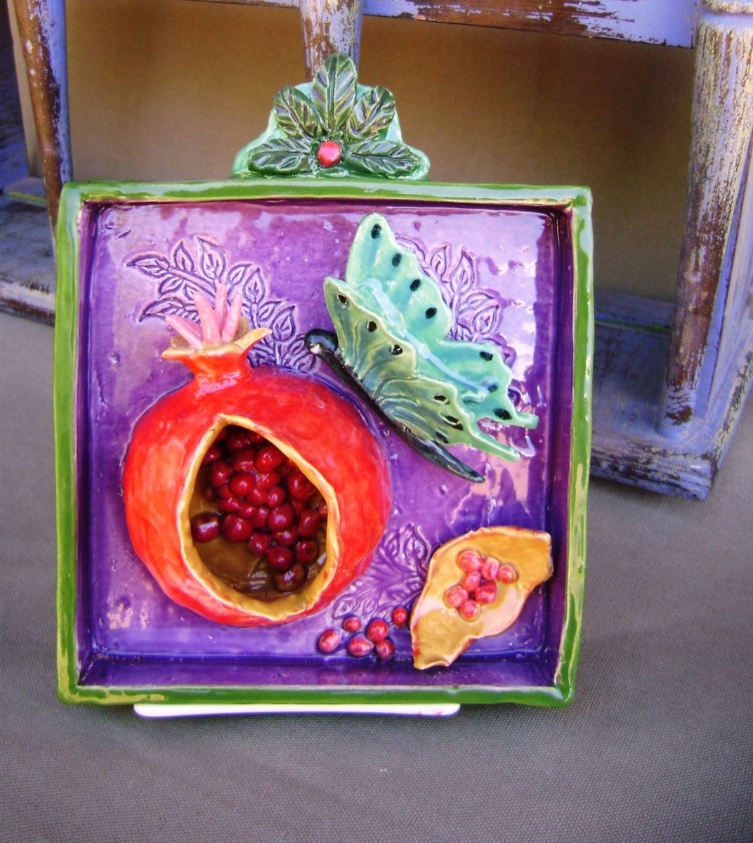 Hand Made Pomegranate Butterfly Ceramic Shadow Box Wall Hanging, Ready