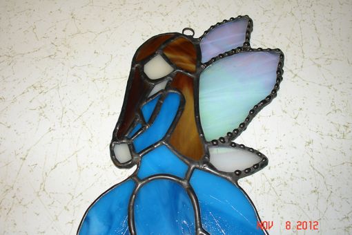 Custom Made Stained Glass Fairy / Angels With Flower Dress In Cobalt Blue With Blown Hair