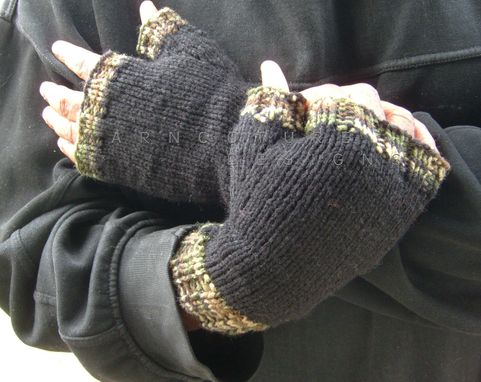 Custom Made Hand Knit Fingerless Gloves For Men / In Black With Camouflage Trim