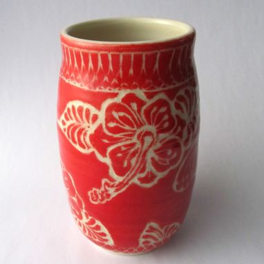 Custom Made Handmade Stoneware Vase With Butterfly And Leaves In Red