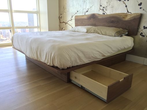 Custom Made Walnut Platform Bed With A Natural Edge Walnut Headboard And Storage.