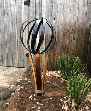 Custom Made Wine Barrel Sphere And Stand Yard Sculpture-Medium