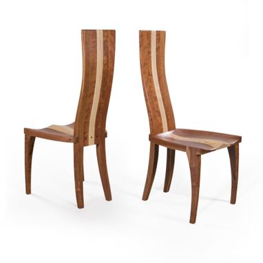 Custom Made Modern Wood Dining Chair In Cherry And Curly Maple, Carved Seat And Curved Back,