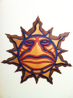 Custom Made Blue Wood Crafted Mosaic Tribal Sun