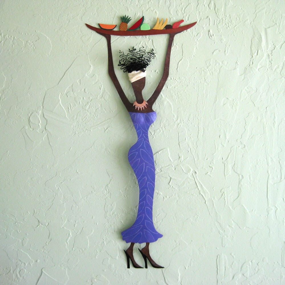 AFRICAN ART metal wall sculpture dancing market lady recycled metal Caribbean home wall decor