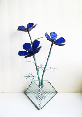 Custom Made Anemone In Cobalt Blue Stained Glass Industrial Flower Sculpture
