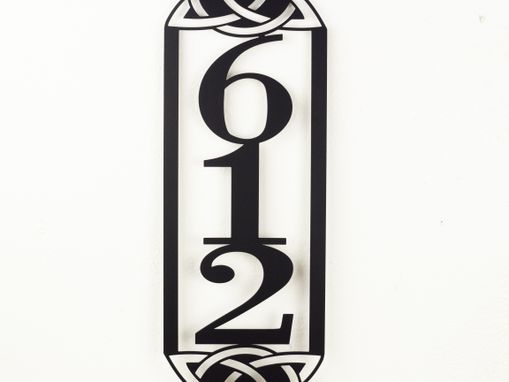 Custom Made Vertical Metal House Number Sign, Celtic Knot, 3 Digit - Matte Black Shown