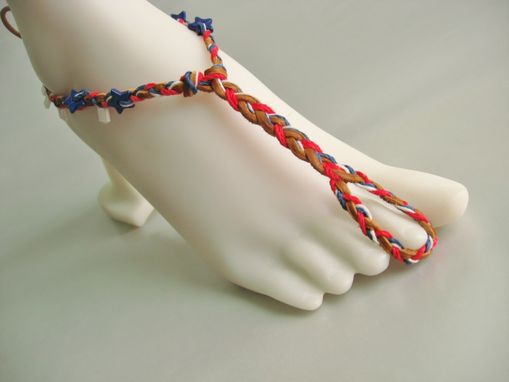 Custom Made Slave Anklet. Tan Deerskin And Hemp Cords. Red, White And Blue. Hand Braided. Foot Jewelry.