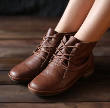 Custom Made Handmade Brown Shoes For Women,Ankle Boots,Flat Shoes, Retro Leather Shoes