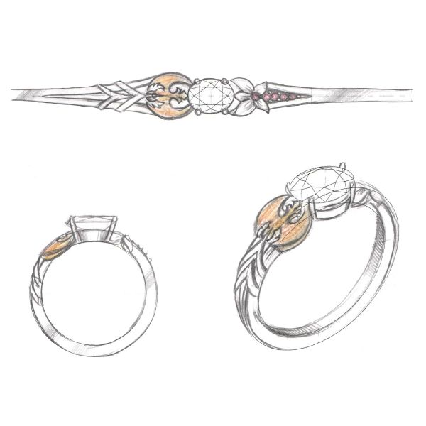 Jedi Order and Rebellion inspired symbols merge to symbolize this couple’s union in this Star Wars inspired ring.