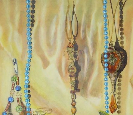 Custom Made Still Life Painting, Fine Art Original Acrylic On Canvas: Glass Ornaments, Blue Pearls