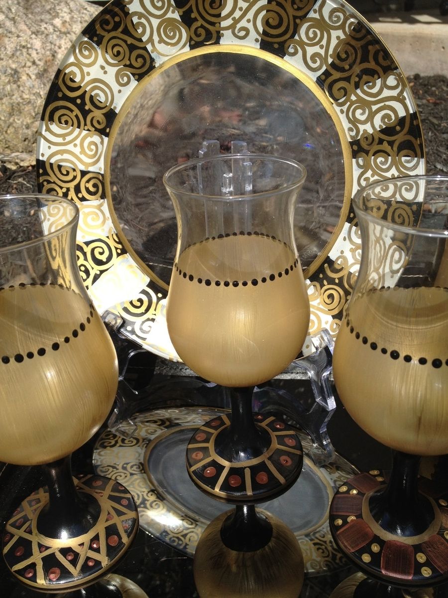 Hand Crafted Hand Painted Stemware Gold Black Bronze Metallic by