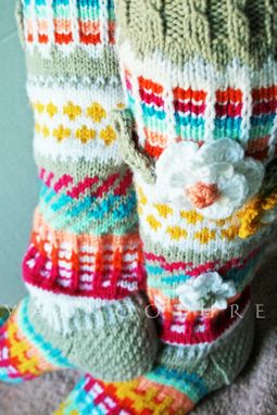 Custom Made Hand Knit Fair Isle Knee Highs With 3d Flowers Basic Design