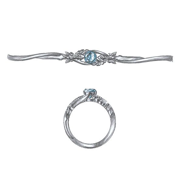 Two Master Sword inspired designs flank the Swiss blue topaz center stone in this Zelda inspired engagement ring.