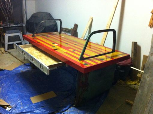 Custom Made Desk Made Of Old Truck Doors And Reclaimed Gym Flooring