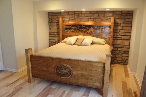 Custom Made King Size Headboard & Footboard, Waterfall & Pine Forest Scene, Hand Carved By Scott