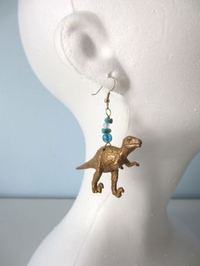 Custom Made Upcycled Earrings Made From Toy Dinosaurs - Gold Raptors With Aqua Glass Beads