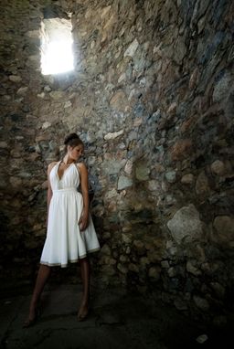 Custom Made Backless Dress In White Linen / Taupe Linen Border