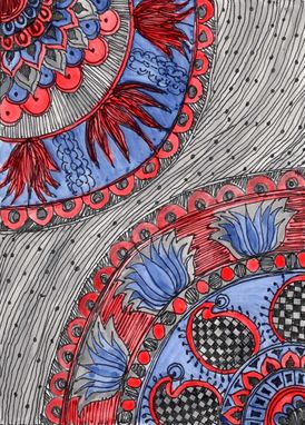 Custom Made Fine Art Print Reproduction Paisley- 5x7 Black Ink And Acrylic Painting Blue Red Grey By Devikasart