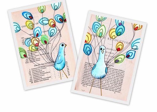Custom Made Colorful Peacocks- White With Teal, Turquoise, Red And Green Tails - 2 Peacock Posters