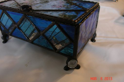 Custom Made Jewelry Box In Colbalt Blue And Confetti Diamond Accents With Decorative Feet Stained Glass