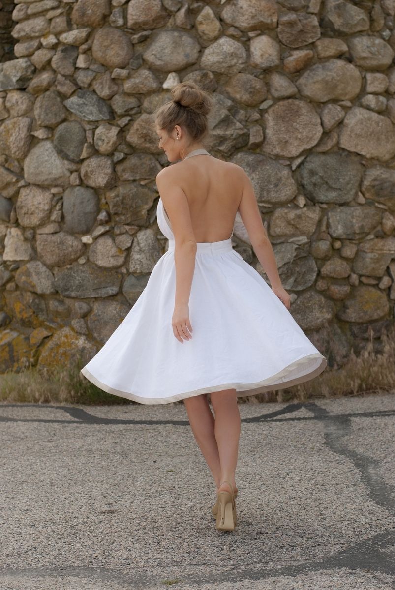 Custom Made Backless Dress In White Linen / Taupe Linen Border by ...