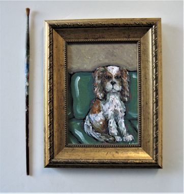 Custom Made Original Gold Framed King Charles Cavalier Spaniel Dog Painting, 7 1/4" X 9 1/2"