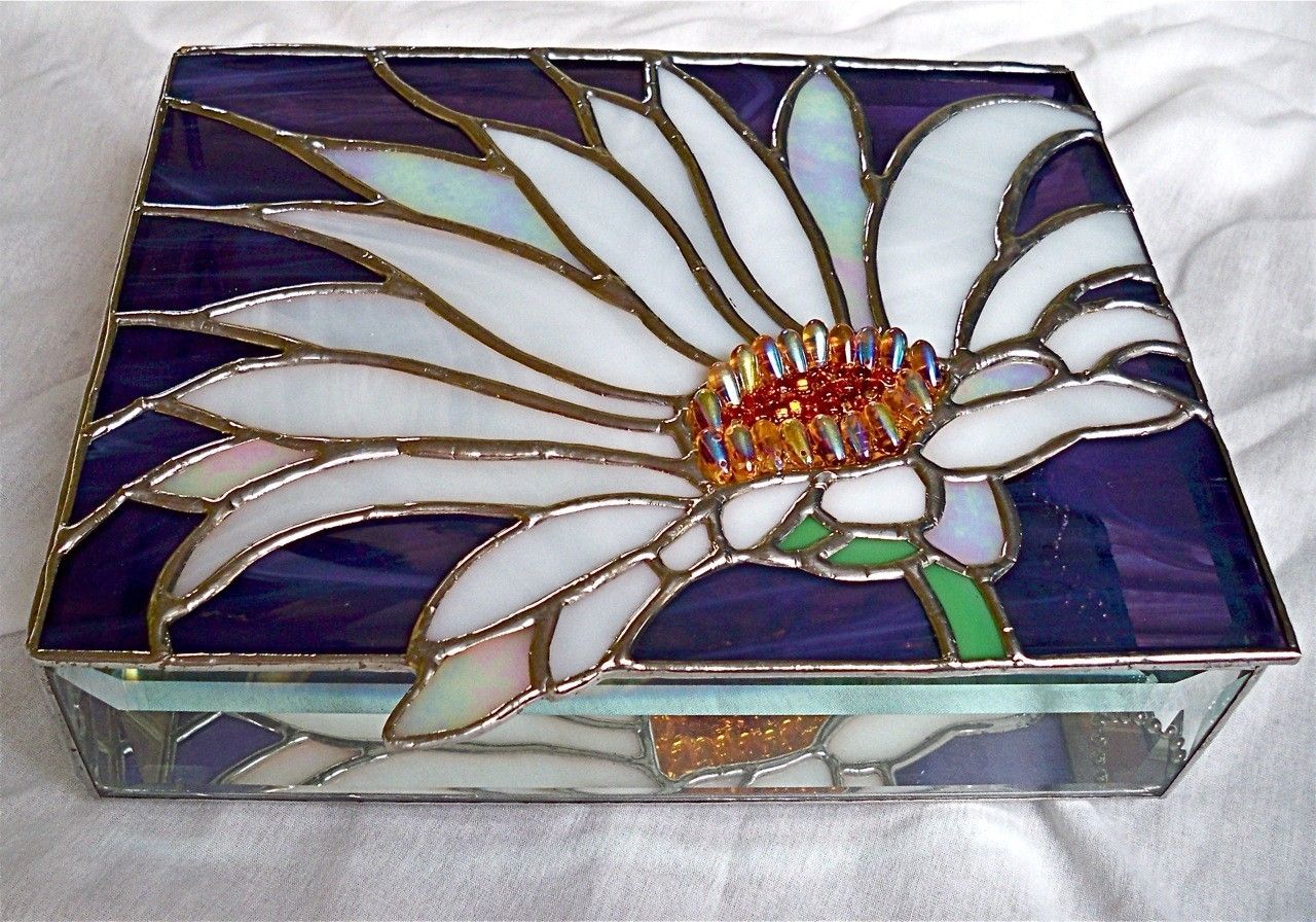 Hand Made Stained Glass Jewelry Boxes ~~ Flower / Bird 