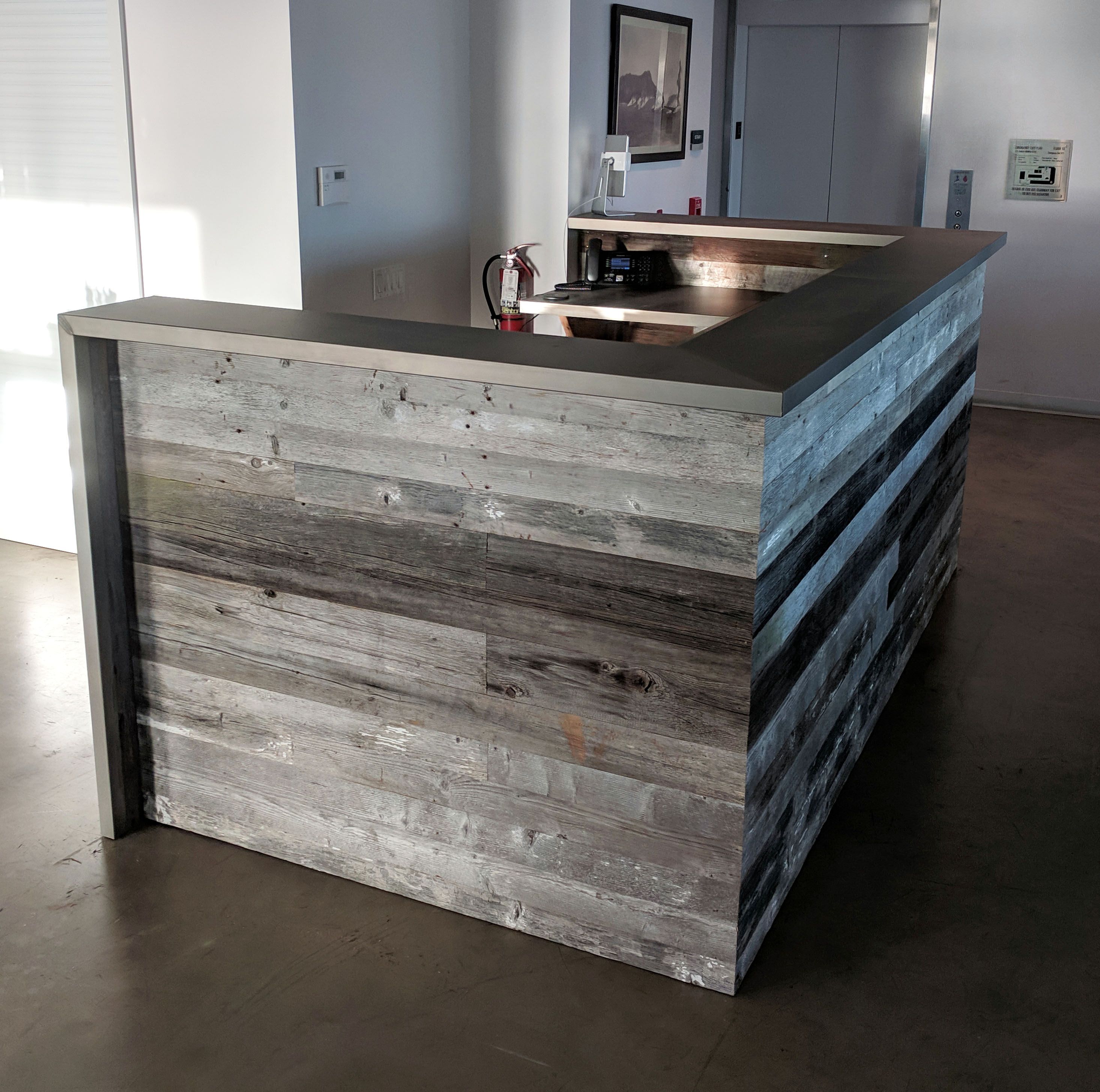 Hand Crafted Silvered Reclaimed Barnwood And Stainless Steel Reception ...