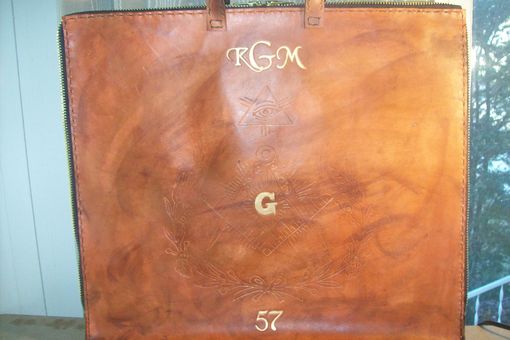 Custom Made Custom Leather Mason Apron Case With Clients Masonic Design In Weathered Color