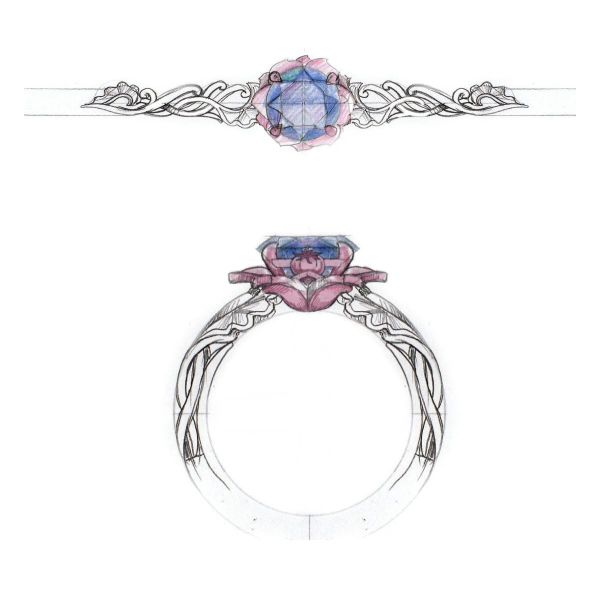 A vining white gold band frames the sculptural rose gold flower setting in this alexandrite engagement ring.