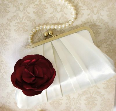 Custom Made Pleated Clutch Purse With Satin Flower Brooch And Feathers