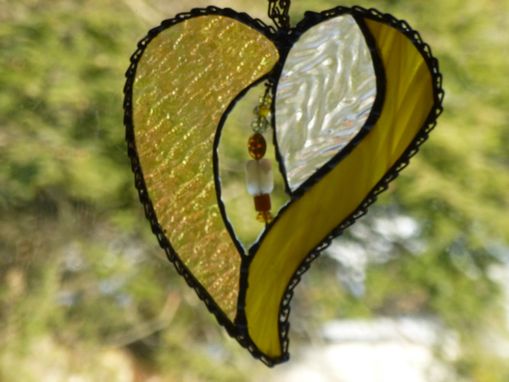 Custom Made Amber Iridescent Stained Glass Heart With Beads And Crystals