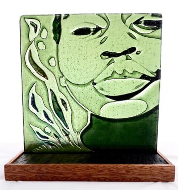 Custom Made Portrait In Fused Glass - La Femme Au Vert Olive