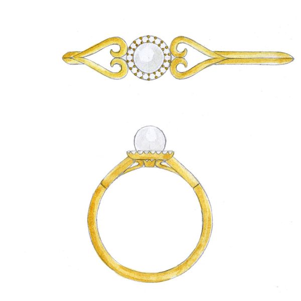 Sketches for a pearl ring with a diamond halo and a sleek, knife-edge shank in yellow gold.