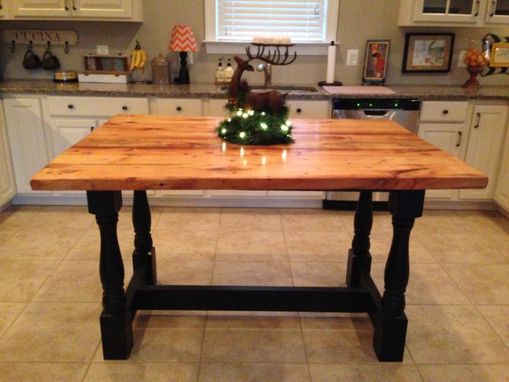 Custom Made Harvest Style Kitchen Island Made From Reclaimed Hardwood With Turned Legs Base