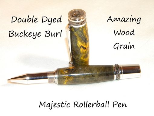 Custom Made Hand Crafted Majestic Rhodium & Black Titanium Rollerball Pen Double Dyed Buckeye Burl
