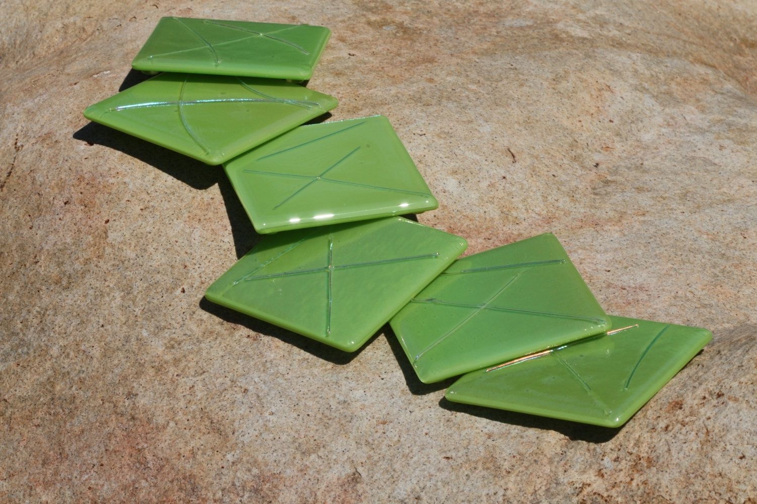 Hand Crafted Lime Green Glass Coasters With Stringer Accents In Set Of