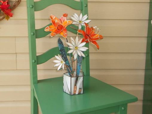 Custom Made Tiger Lilies And Daisies In Stained Glass- Centerpiece/ Sculpture
