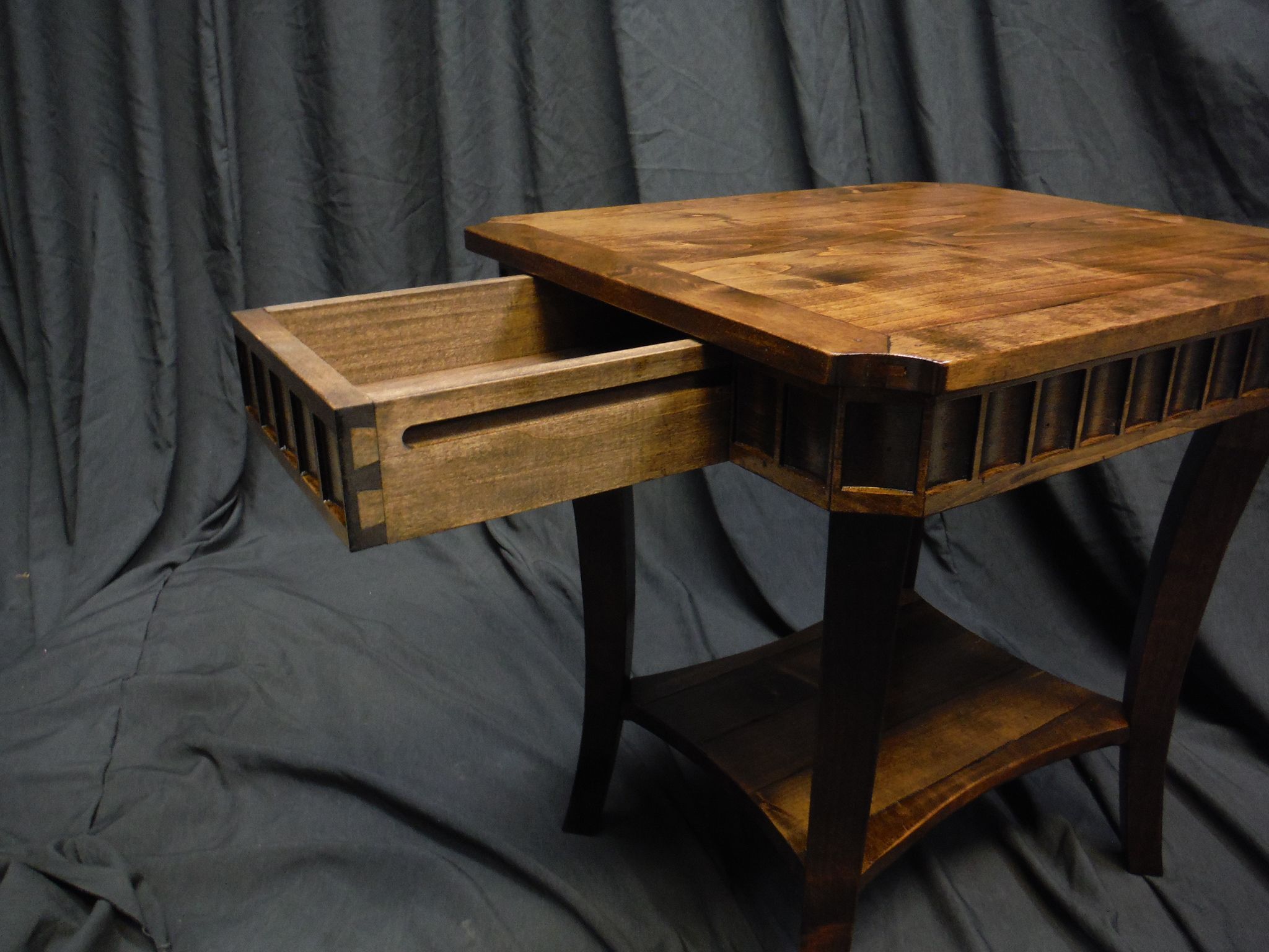 Hand Crafted Alder Side Tables With Walnut Stain And Carving by Bearkat