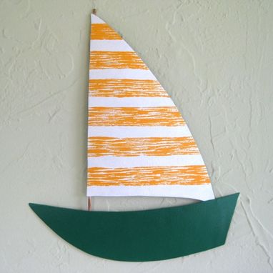 Custom Made Handmade Upcycled Metal Sailboat Wall Art Sculpture In Yellow And Green