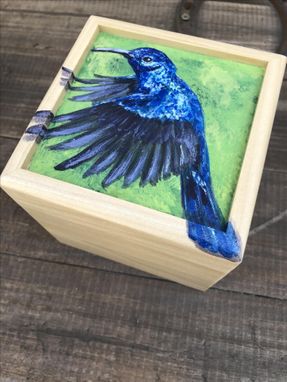 Custom Made Handpainted Vivid Blue Hummingbird Small Box