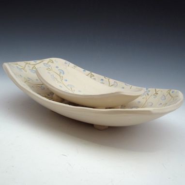 Custom Made Set Of Two Pottery Serving Bowls In Cream With Blue Flowers