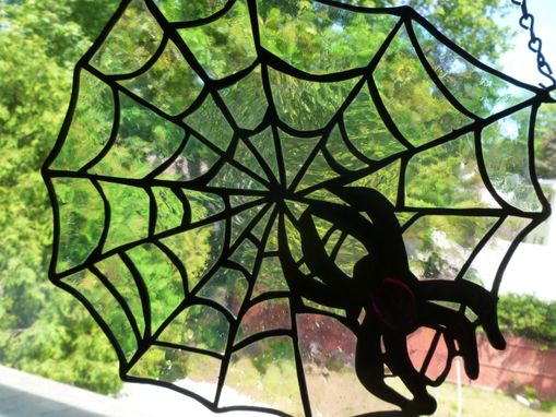 Custom Made Iridescent Spider In Web Stained Glass Panel