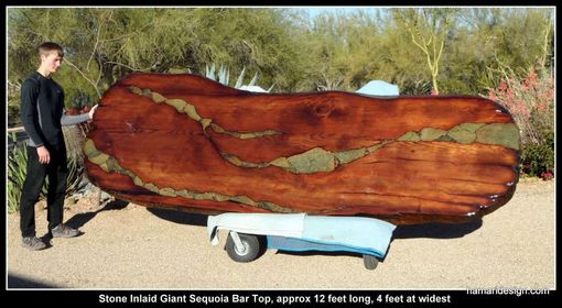 Custom Made Live Edge Wood Slab Giant Sequoia / Redwood Bar With Stone Inlay