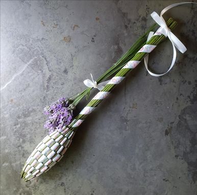Custom Made Lavender Filled Handwoven Jacquard Ribbon Wand Basket Silver Pink