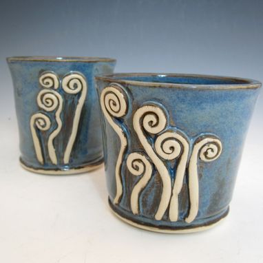 Custom Made Ceramic Tumblers With Fiddlehead Ferns In Blue