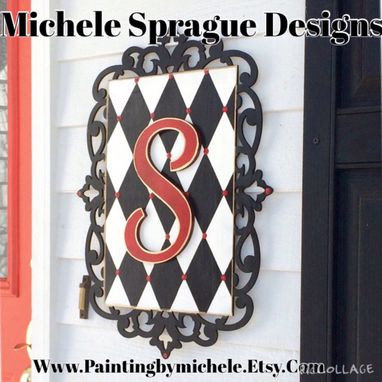 Custom Made Wood Initial Wall Plaque Sign Harlequin Scrollwork Scroll Border Any Colors Any Letters Whimsical